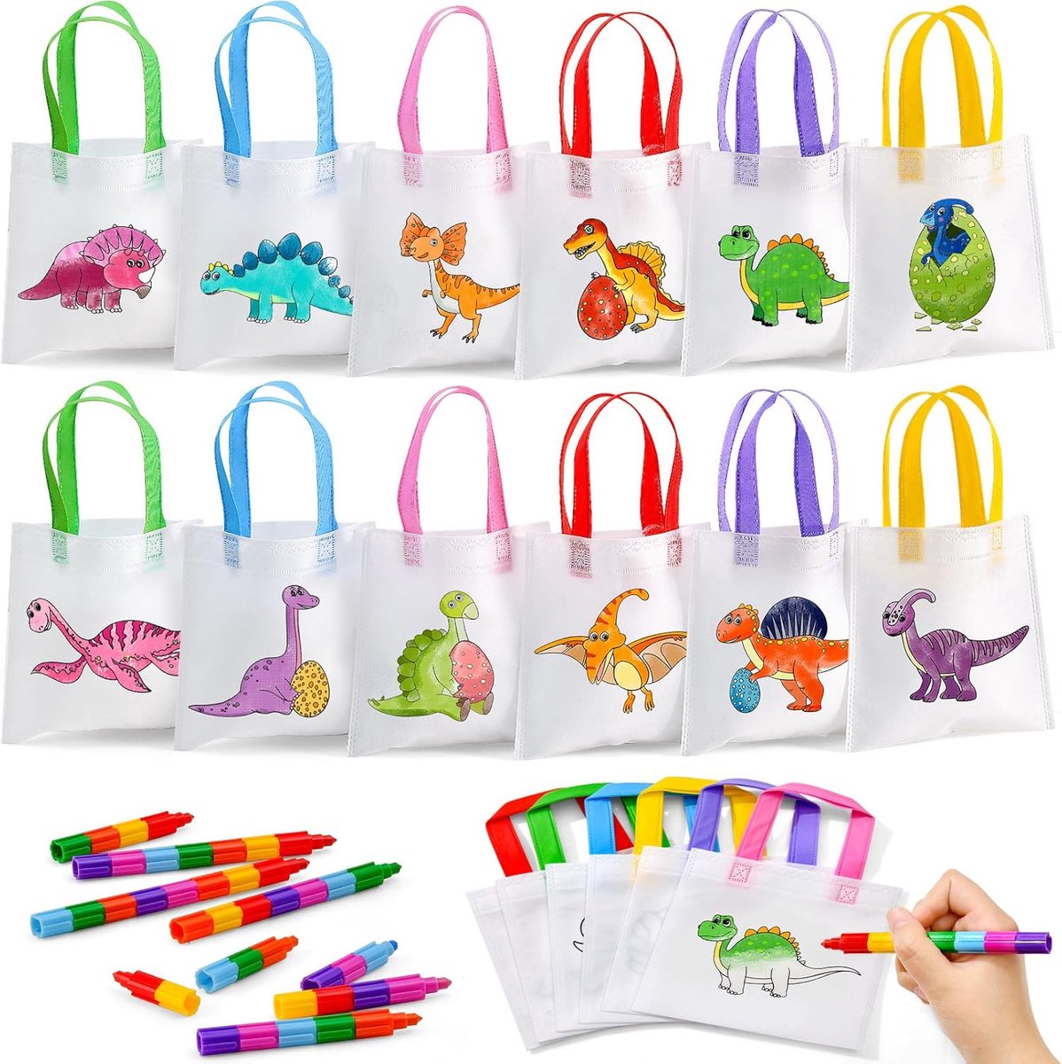 12 zakjes met eenhoorn, dino, dieren om te schilderen voor kinderen, met stapelbare potloden, creatieve set, doe-het-zelf, verjaardagscadeaus, klein cadeau voor verjaardag, kinderen (dinosaurus