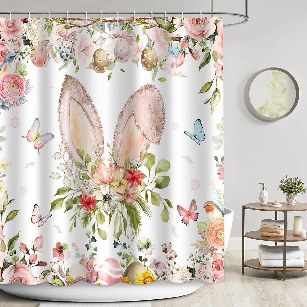 Douchegordijn, badkamer paashaas douchegordijn, lentebloemen gelukkig paaseieren, vlinderdouchegordijnset, polyester stof kunst badkamer decoratie, 183 x 183 cm