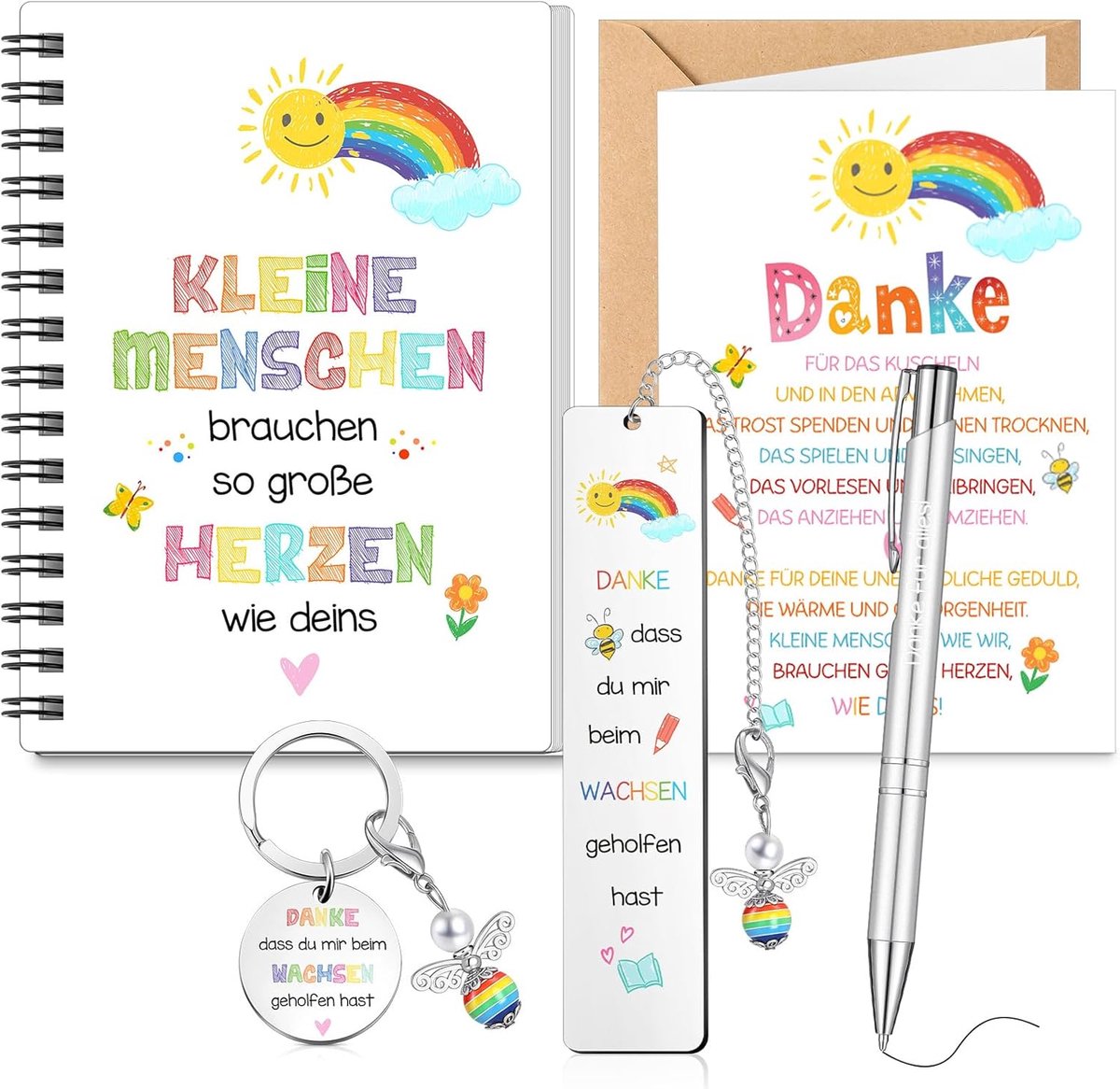6 stuks afscheidscadeau voor leraar, kleuterschool, regenboog, bedankje, notitieboek, balpen, bladwijzer, sleutelhanger, bedankkaart, envelop voor kleuterschool, dagmoeder, leraar (kleine