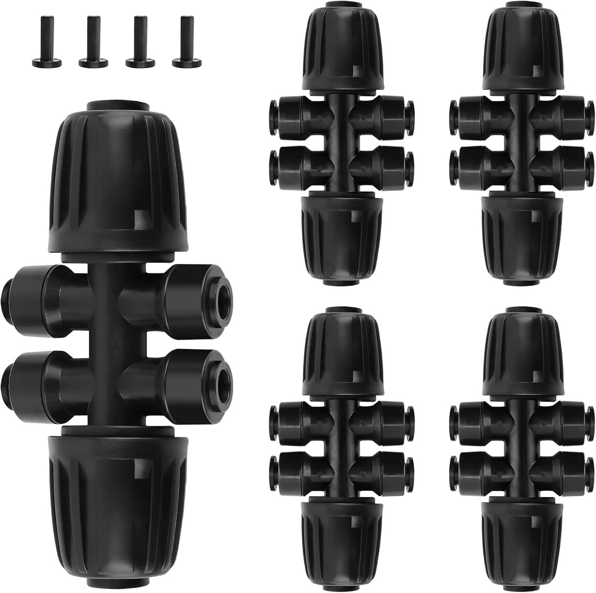 5 STKS 1/2" tot 1/4" Prikkeldraad Tee Quick Connectors, Push-to-Fit 6-weg Druppelirrigatie Fittings met 4 STKS Plugs Anti-Lek Druppel Irrigatie Deel voor 1/2 "Irrigatie Tubing Tubing Tuin