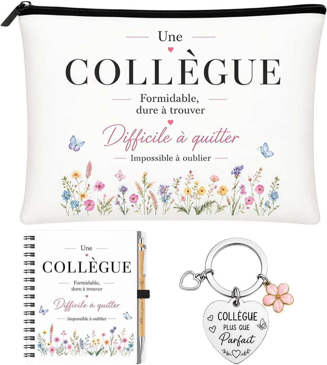 4-delige cadeauset voor collega, dames, make-uptas, notitieboek, spiraalbinding, sleutelhanger