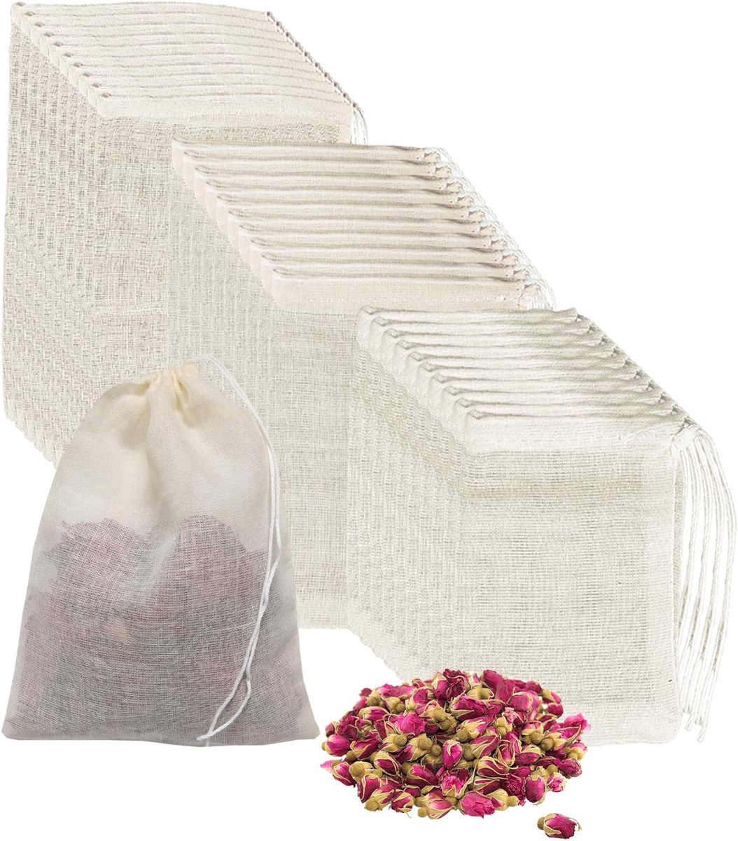 30 stuks theezakjes, kruidenzakjes, kruidenzakjes om te koken, herbruikbaar, lege theezakjes met trekkoord, katoenen theezakjes voor thee, specerijen, koffie (3 maten)