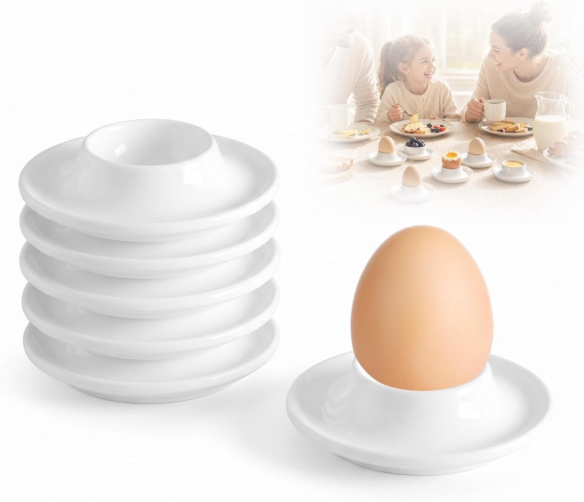 Set van 6 eierdopjes, porselein, wit, 9 × 9 × 2,5 cm, porseleinen eierhouder met legplank, ronde eierbeker, keramiek, eierstandaard met rand, stapelbaar voor ontbijt, keuken, eetkamer en camping