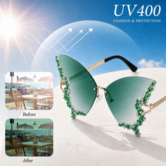 Zonnebril Dames - Randloze Vintage Rimless Sunglasses met Steentjes - Festival Accessoires voor Dames incl. Brillenzakje - Emerald Groen van Zonnebril Dames — afbeelding 4