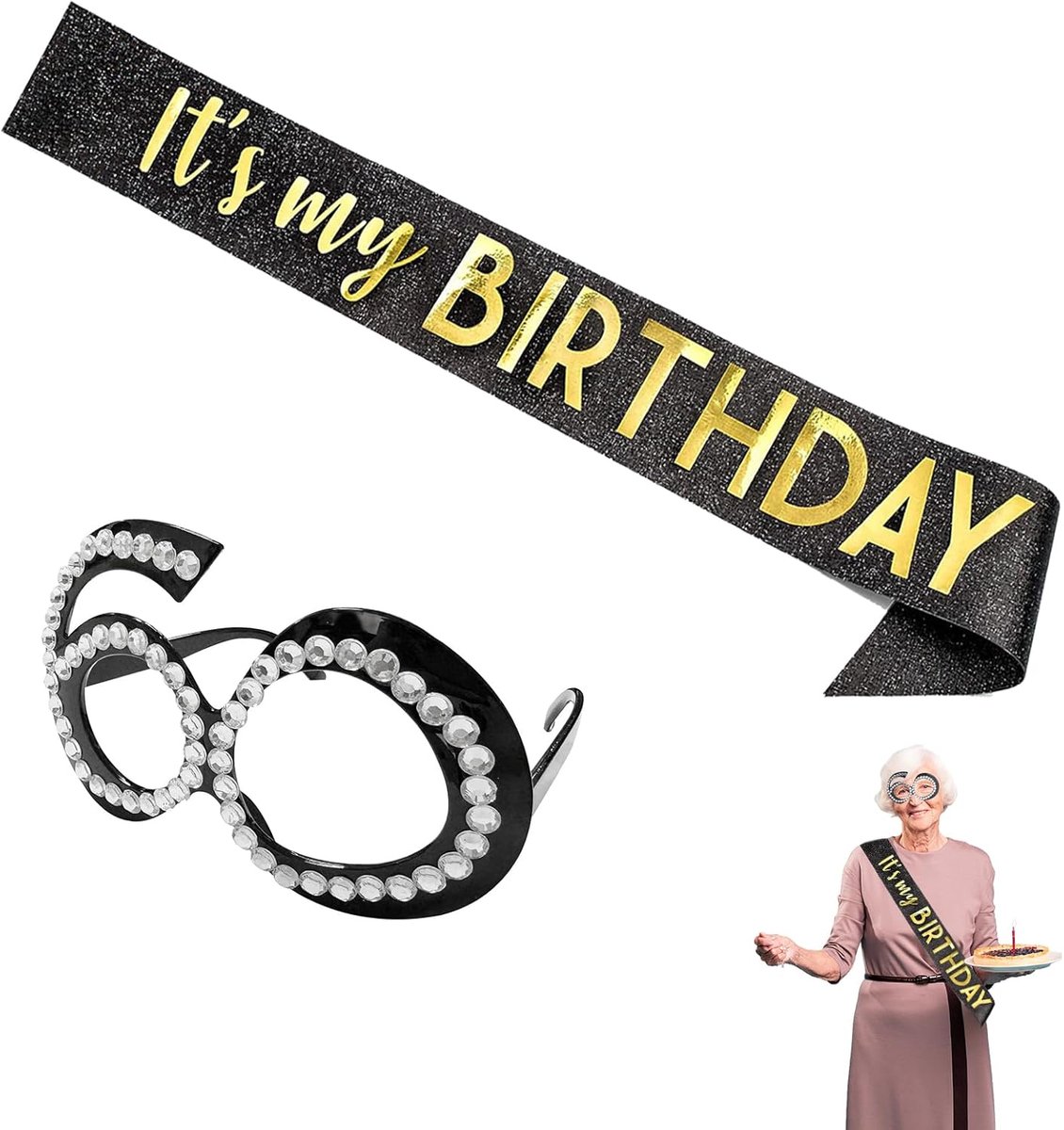accessoires 50 jaar feestset – 1x zwarte feestbril + 1x zwarte schouderlint – 158x9.5cm – voor 50e verjaardag ceremonie en themafeest decoratie voor volwassenen