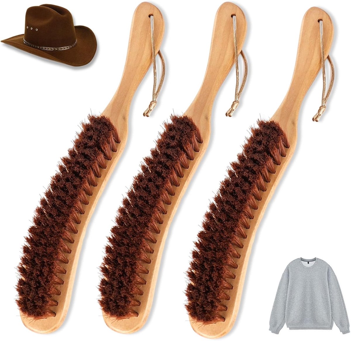 3 stuks kledingborstel, pluisborstel kleding met handvat van beukenhout, everzwijn, manenborstel voor pakken, mantels, beddengoed, suède, dierenharen, reiniging en stofverwijdering