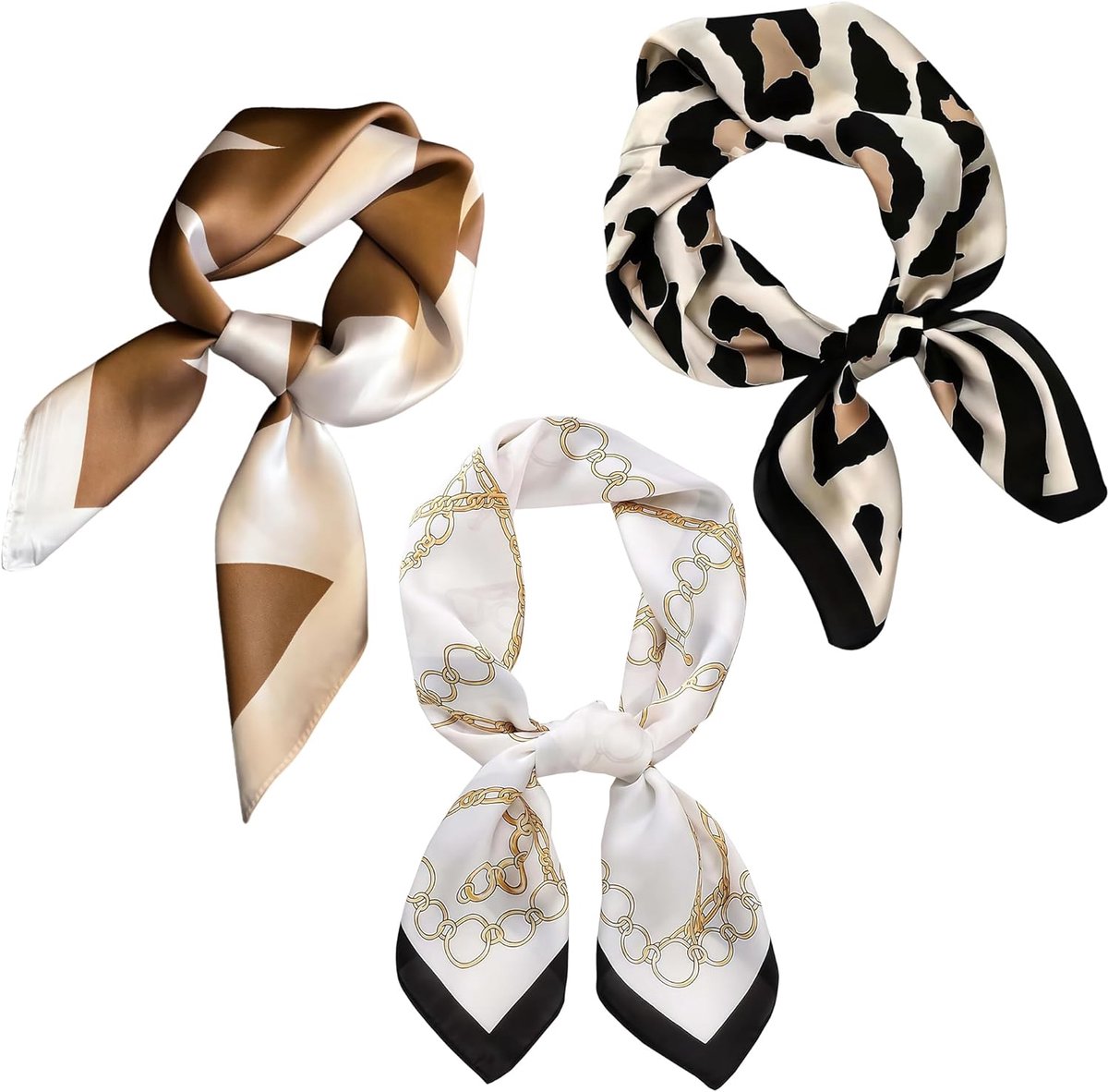 Zijde Sjaal Set 3 stuks - Luipaardprint, Ruit & Gouden Kettingen - Elegante Neckerchief en Bandana voor Vrouwen - ShopVlot