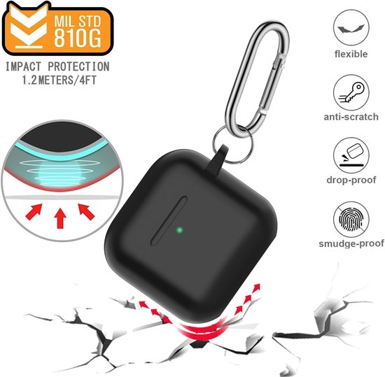 hoes voor AirPods 4 2024, beschermende siliconen Case voor AirPods 4e 2024 Skin Front LED zichtbare siliconen cover met karabijnhaak, Zwart — afbeelding 2