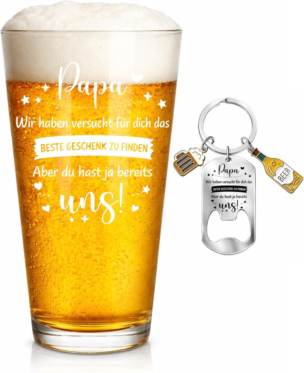 Cadeau voor Vaderdag voor papa, vaderdag cadeau, voor de beste vader, vaderdag, verjaardag, Kerstmis, verjaardagscadeau, 480 ml, bierglas met sleutelhanger