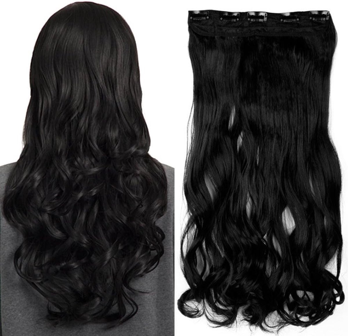 43cm Haarstuk Clip in Extensies 1 vlecht 5 Clips Haarverlenging menselijk haar zoals echt haar golvend zwart 17 “(43cm)-120g