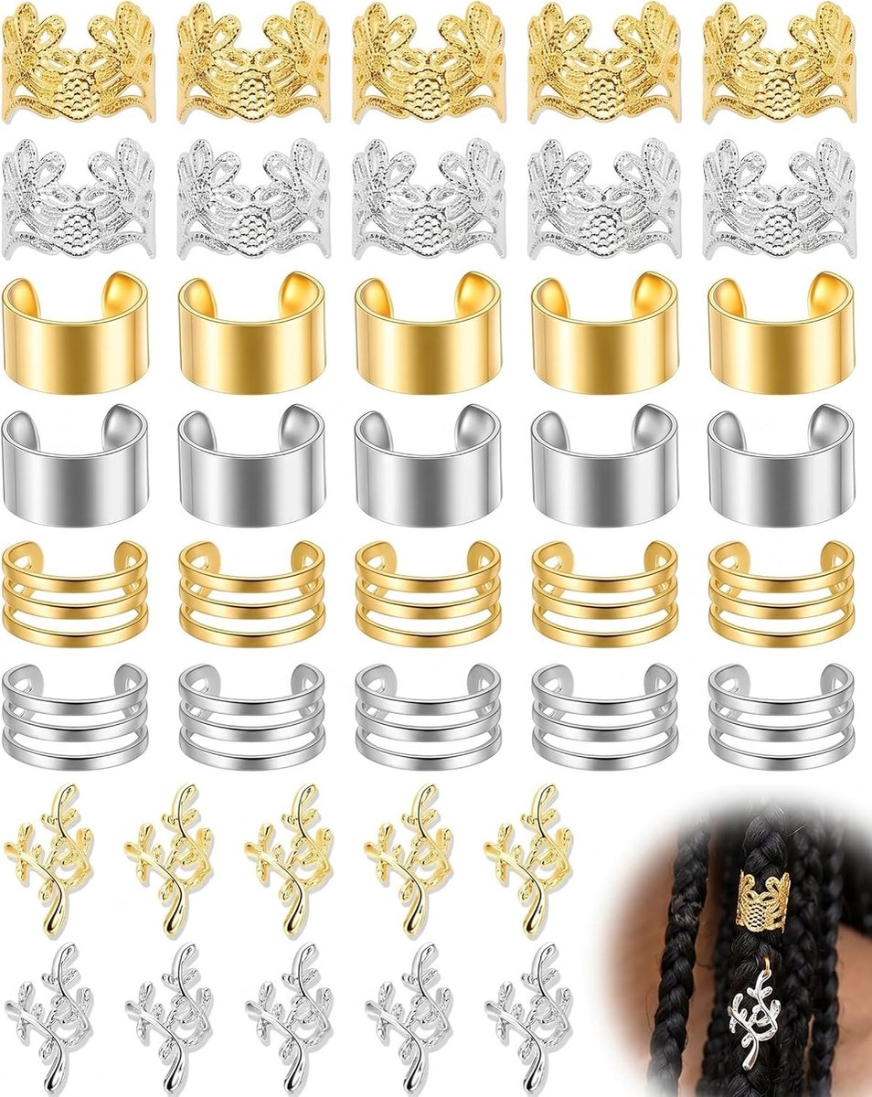 40 stuks haaraccessoireset – goud en zilver haarringen voor vlechten, dreadlocks en vlechten – 4 stijlen vlechtparels festival haaraccessoires