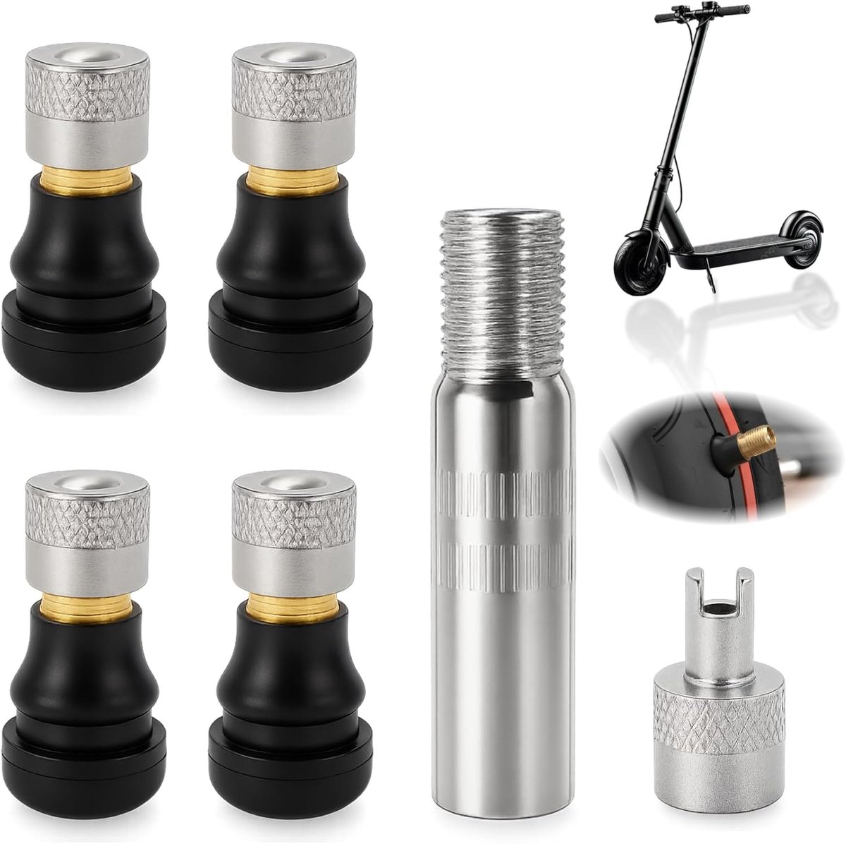 6 stuks Tubeless-ventiel, verlengadapter voor e-step, duurzaam ventielverlengset met dichtingsfunctie, accessoire voor tubeless-banden, eenvoudige montage, universeel