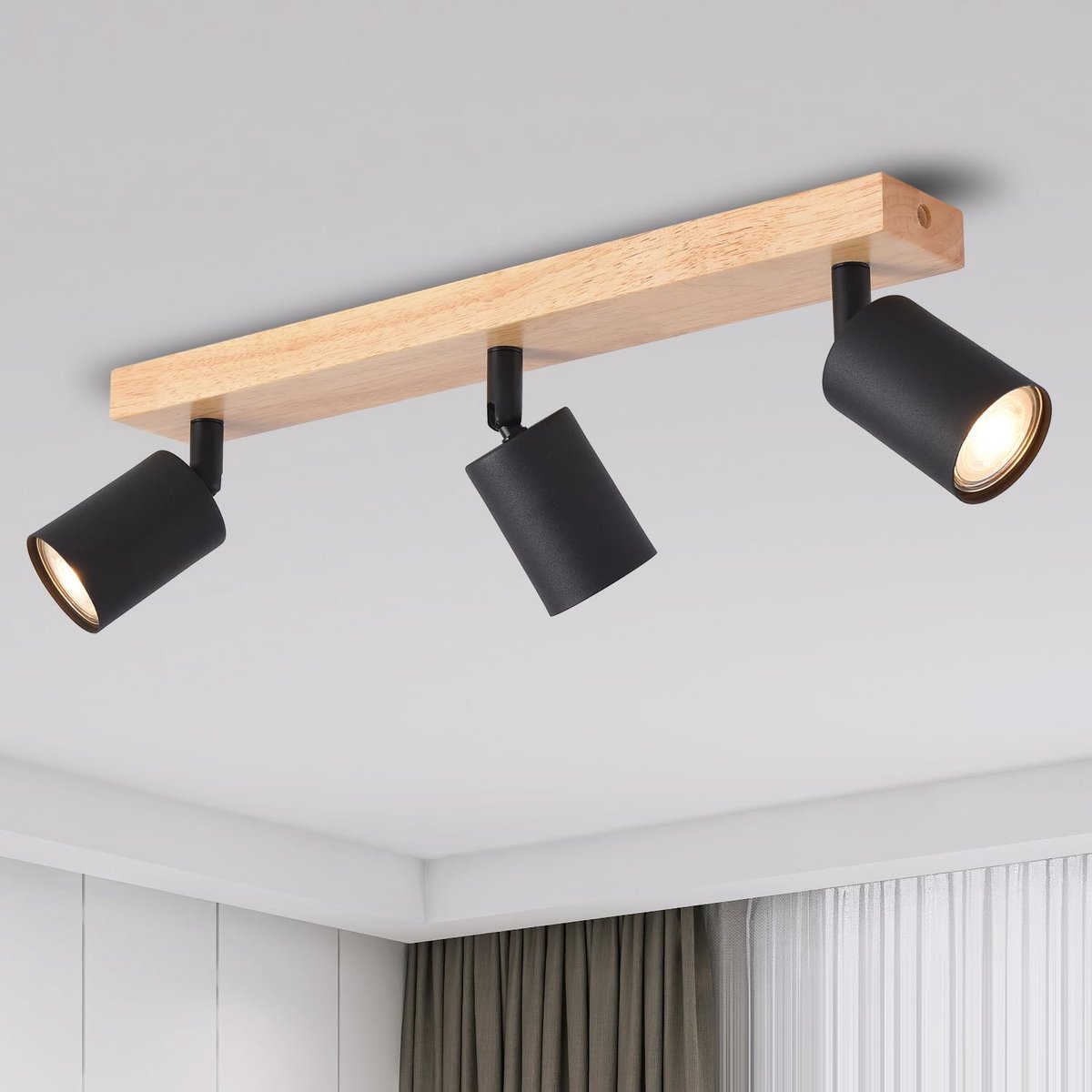Plafondspots voor binnen, GU10 basis, zwarte binnenverlichting met rechthoekige houten basis, draaibaar, led-plafondlamp (zonder lampen) EUS-EA190812-10-03RB-1U