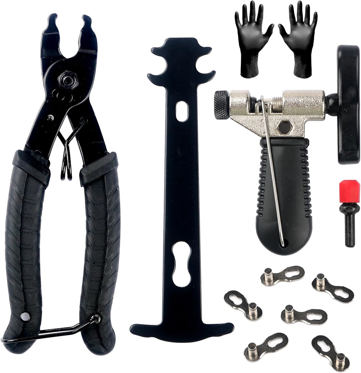3 stuks universele gereedschapsset voor fietsketting, draagbaar, zwart, kettingslotang, gereedschap voor het verwijderen van kettingschakels, kettingreparatie tester met handschoenen, 3 paar schakels