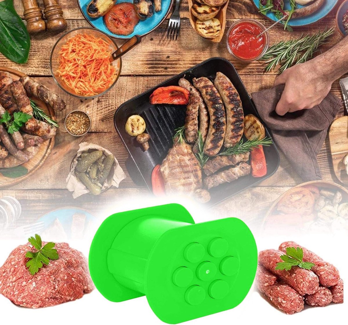 Press Cevapcici Maker Hot Dog Maker Manual Sausage Maker with 7 Holes, DIY Homemade Meat Strip Squeezer, Making Delicious Stuffed Meat Filler Molds Kit Barbecue Grill Accessories (Groente)