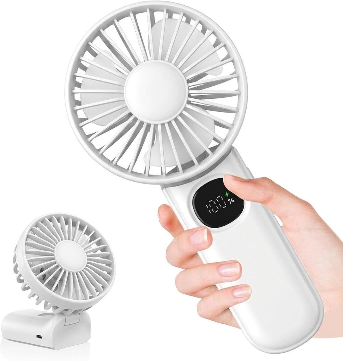 Handventilator, mini-USB-ventilator, oplaadbaar, 5-10 uur looptijd, 5 windsnelheid, inklapbaar, stil, kleine ventilator voor reizen, kantoor, thuis en buiten (Wit)
