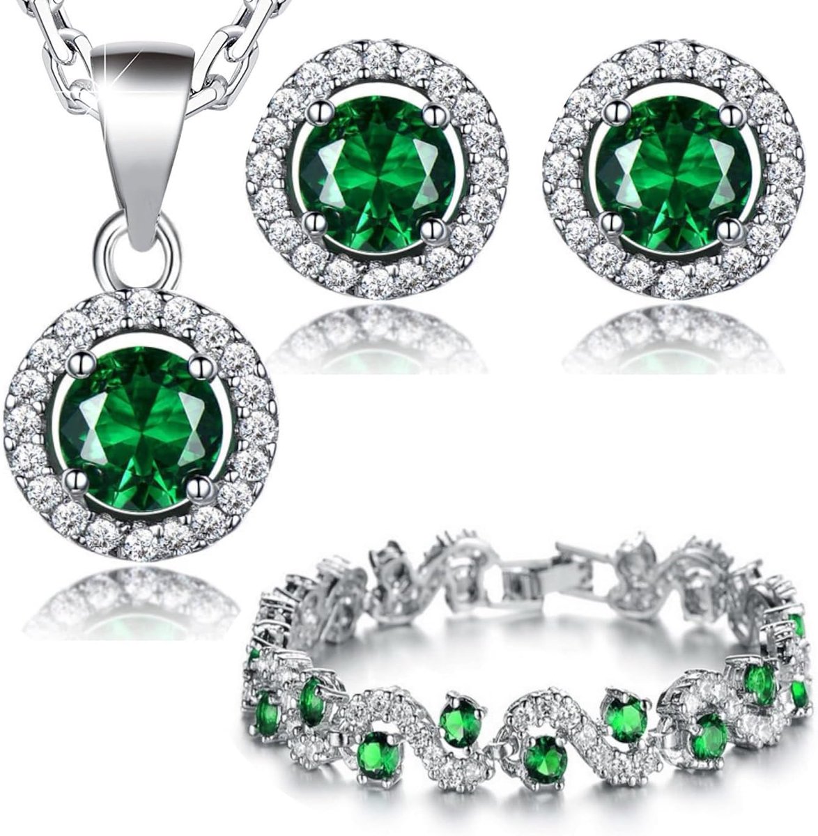 Azuria Vrouwen 18kt Wit Verguld Ronde Groen Gesimuleerd Emerald Zirkonia Kristallen Set Hanger Ketting 45 cm Armband Oorknopjes
