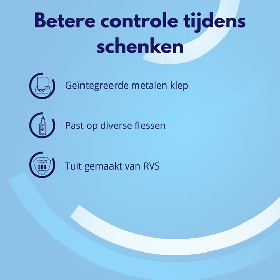 Lijst met voordelen van de schenktuit: metalen klep, past op diverse flessen, RVS tuit.