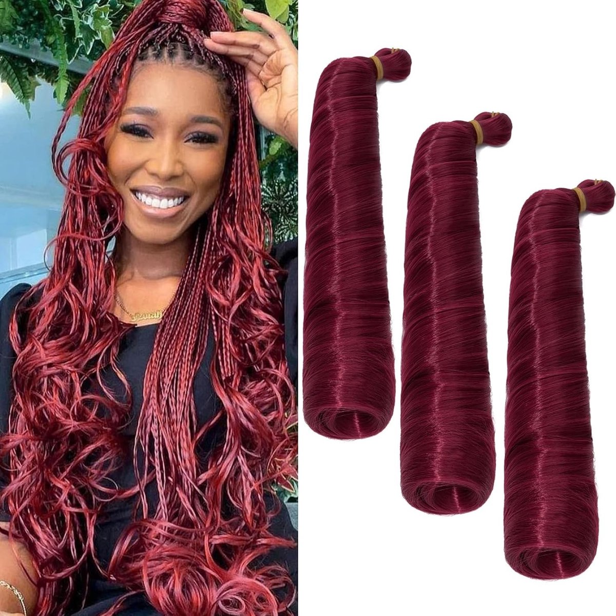 French Curl Braiding Hair 60 cm - Losse Golvende Spiral Haarextensies voor Vlechtwerk, 3 Packs, 360 g, Wijnrood, Perfect voor Vlechten en Haarstyling