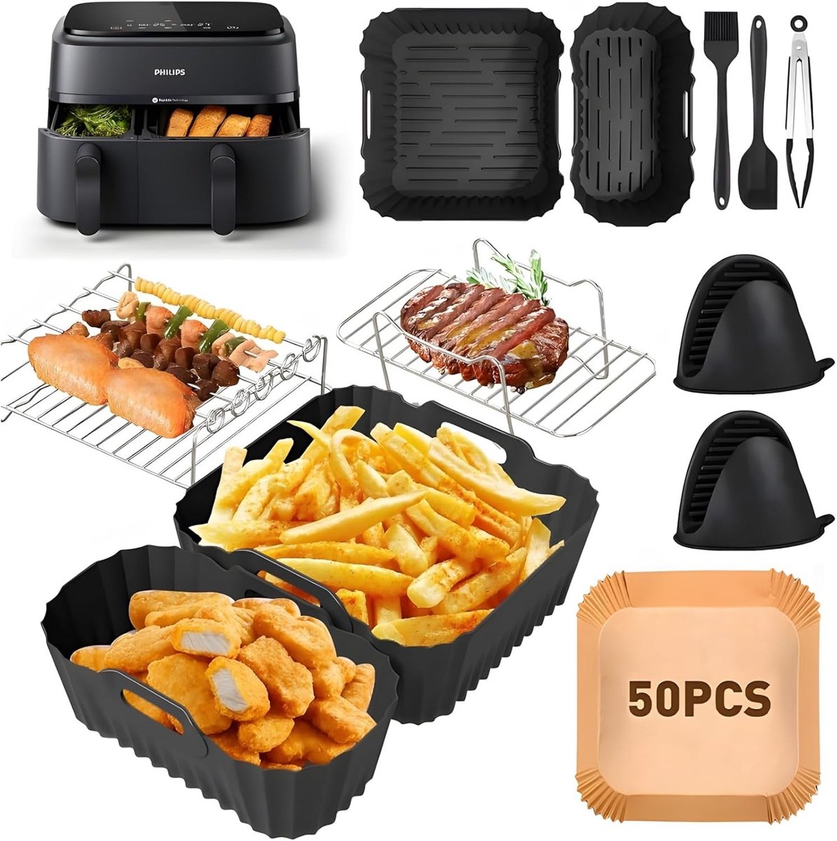 Airfryer Accessoires voor 3000 en 5000 Series - Dual Basket 6L/3L, Siliconen Bakvorm, Grillrooster en Inzetstukken voor Gezond Koken