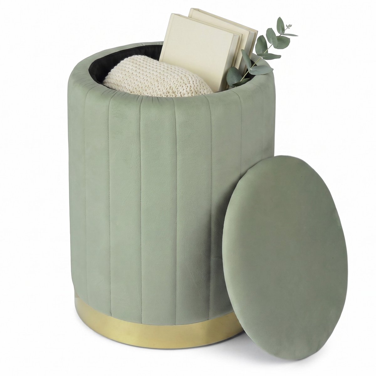 Poef met opbergruimte - Ø 32 cm - fluweel - salie