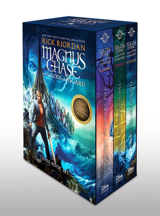 Drie-boeken set van Magnus Chase and the Gods of Asgard, met een stormachtige illustratie van een Viking-schip en de hoofdpersoon.