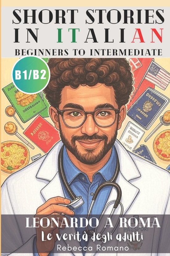 Boekcover met een mannelijke arts met bril en stethoscoop, met Italiaanse en Amerikaanse vlaggen, paspoorten en eten op de achtergrond.
