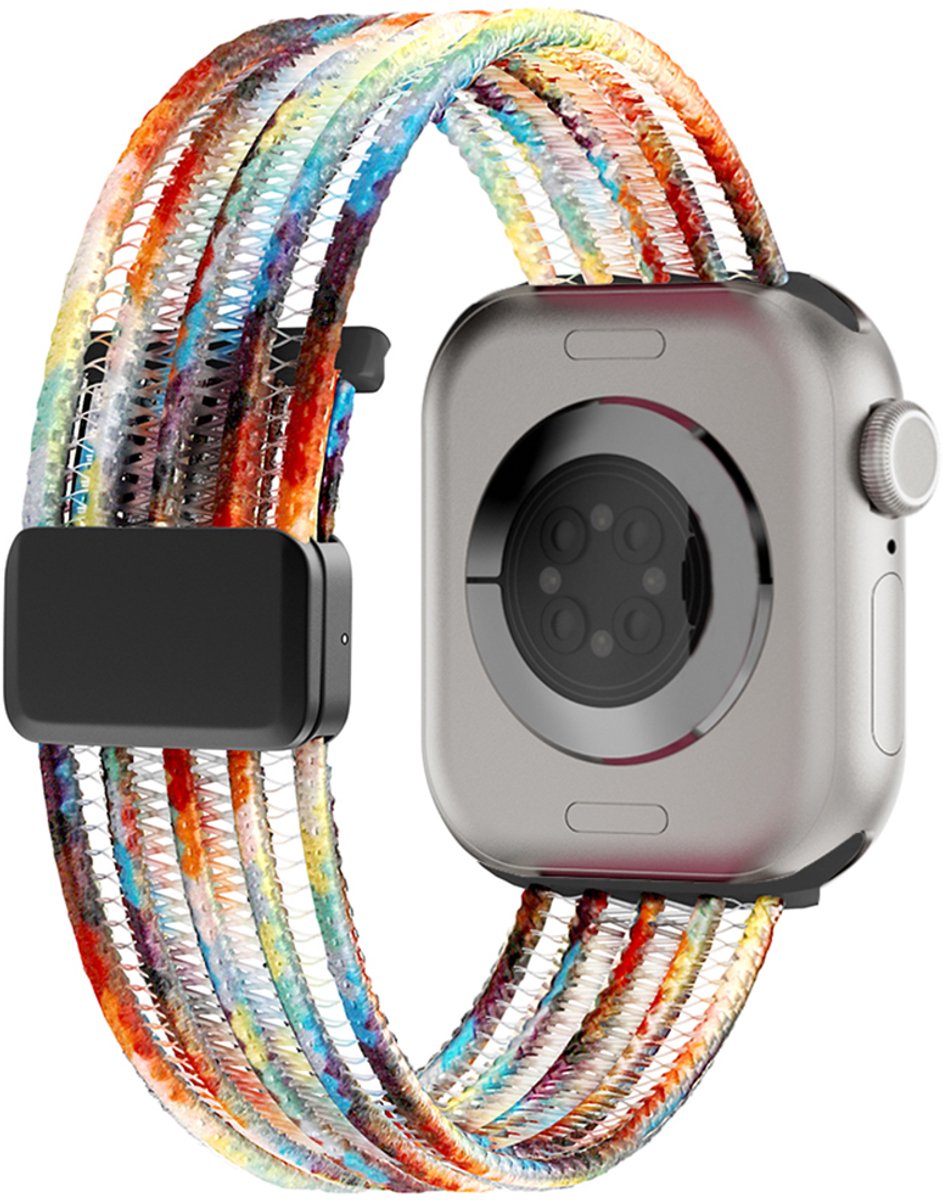 Stravo Nylon Mesh Bandje met Magnetische Sluiting – Geschikt voor Apple Watch 46mm (Series 10/11), 49mm (Ultra 1/2/3), 45mm (Series 7/8/9), 44mm (Series 4/5/6, SE 1/2/3) – Lichtgewicht & Ademend Horlogebandje – Regenboog