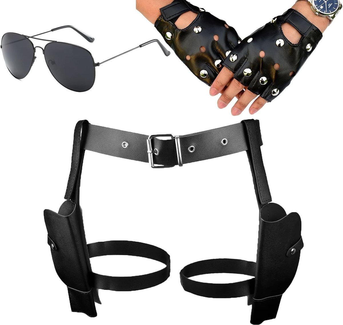Verstelbare Holsterriem Set van 3 met Vingerloze Handschoenen en Retro Zonnebril voor Halloween, Cosplay en Avontuur voor Mannen en Vrouwen