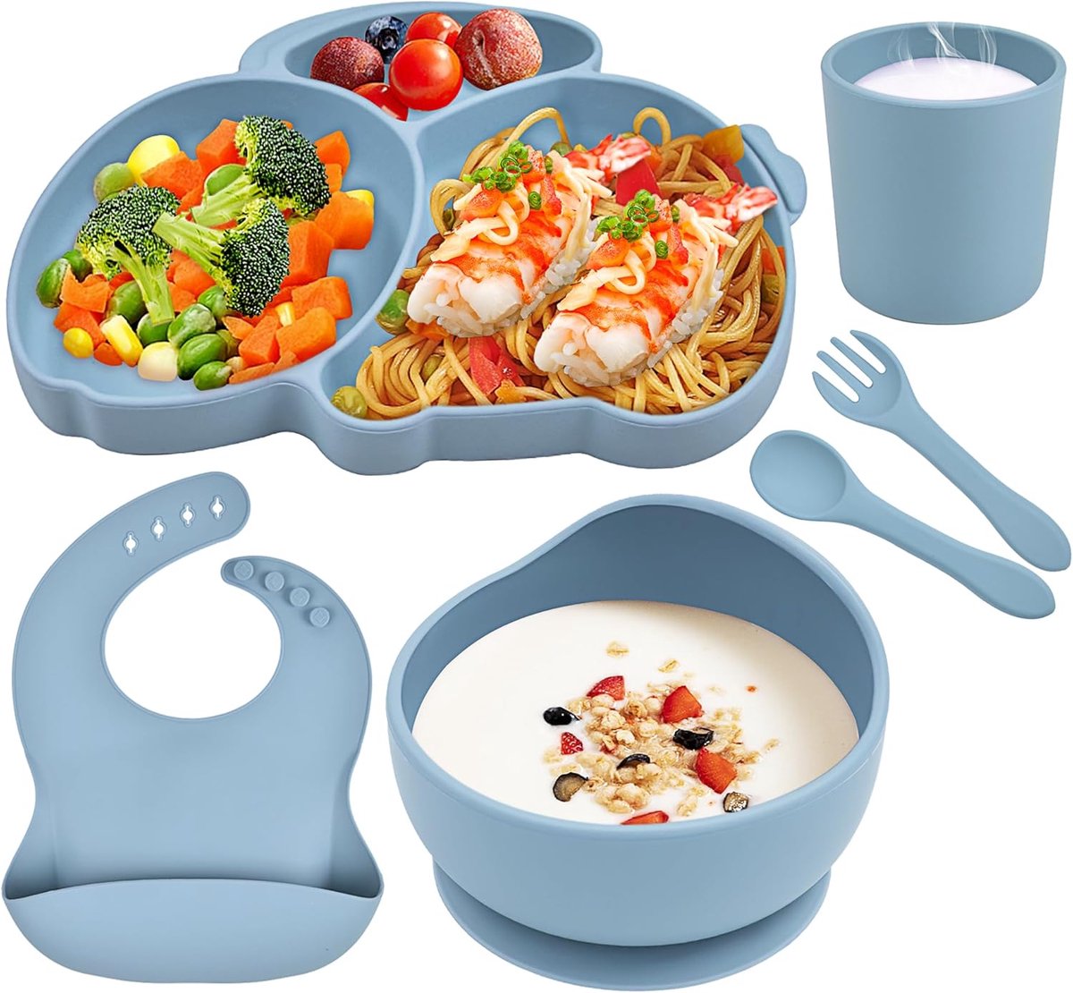 SnelShoppen - Baby Plate Set Siliconen Kinderen Bord en Kom met Zuignap Compartimenten, Lepel en Vork, Verstelbare Baby Slab, BPA Vrij, 6 Stuks, Blauw