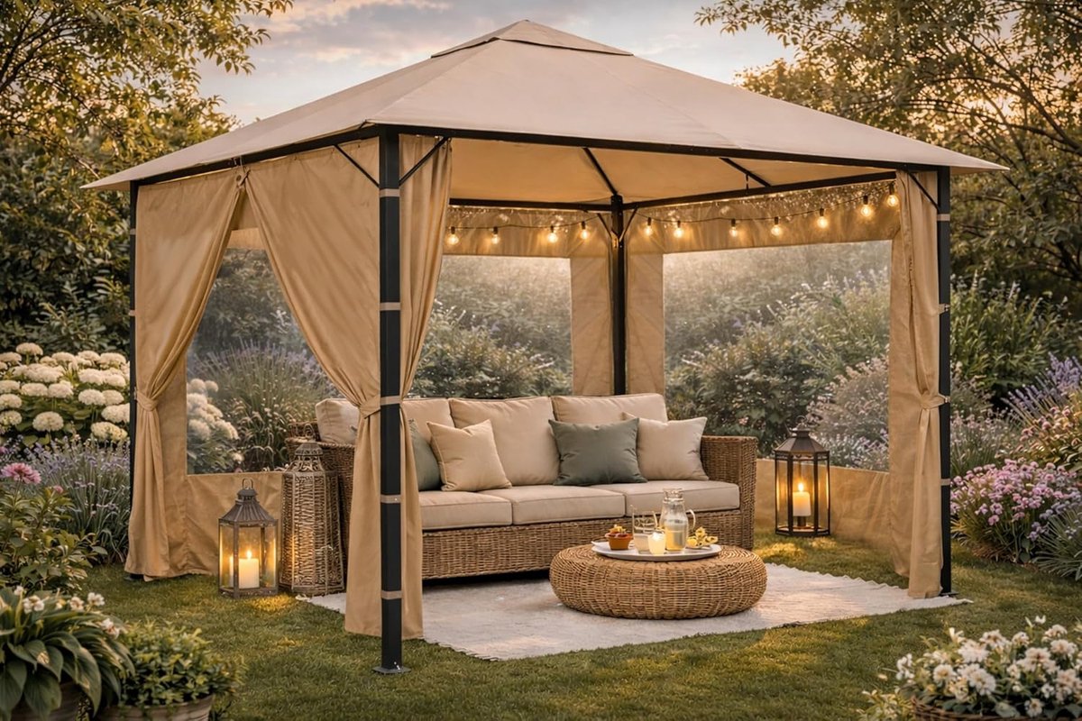 SnelShoppen - Sidewall Set 2-delig voor Paviljoen 3x3m - Beige Sand RAL 1001 - 250x192cm - Polyester 170g/m2 - Ideaal voor Tuin, Camping, Feesten