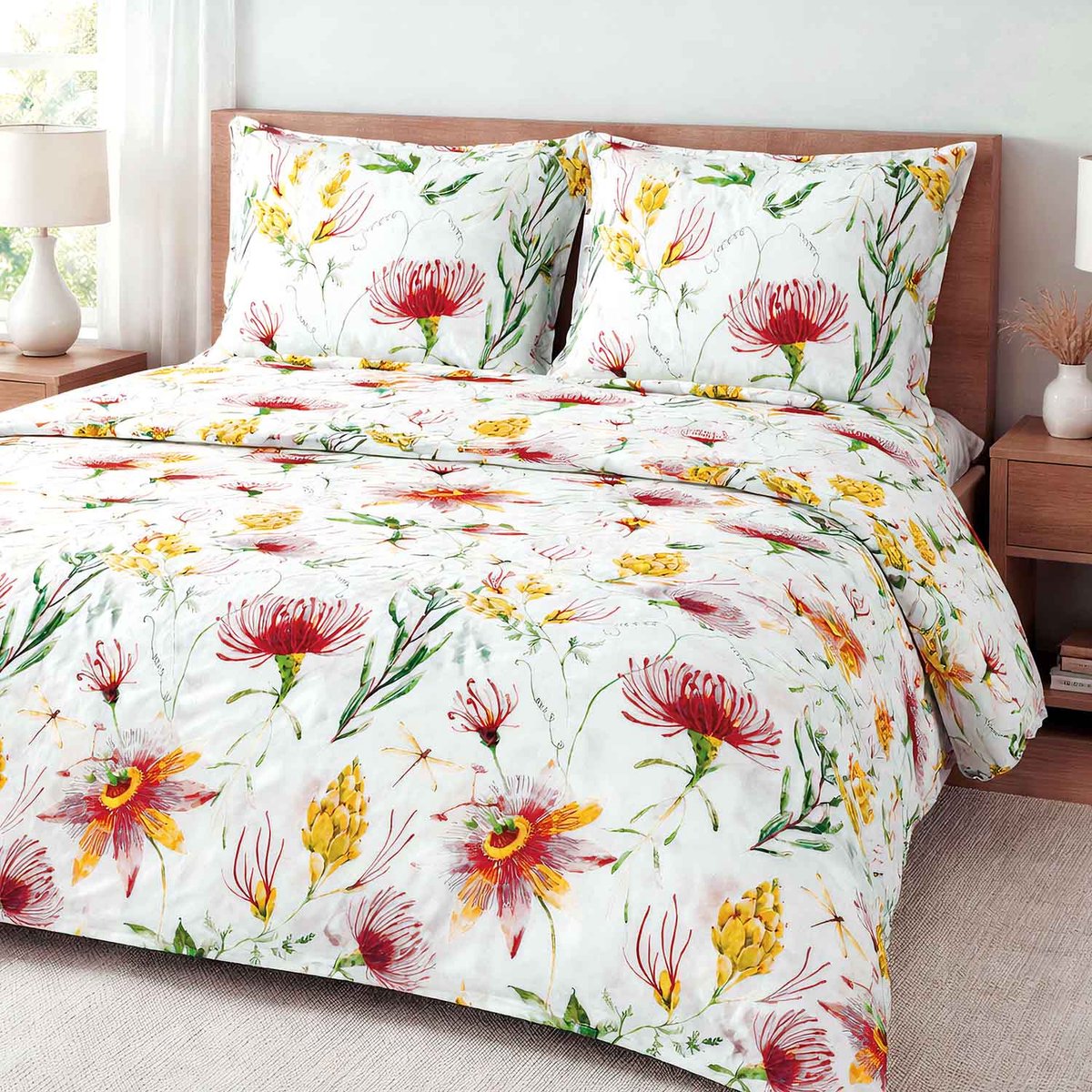Luxe Katoenen Dekbedovertrekset Cottonlove – 160x200 cm – Rode en Gele Bloemen – 100% Katoen – Darymex