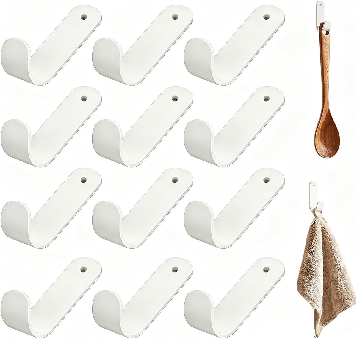 SnelShoppen - Zelfklevende Wandhaken 12 Stuks - Roestvrij Staal - Zonder Boren - Ideaal voor Badhanddoeken, Keuken, Jassen en Rugzakken - Wit