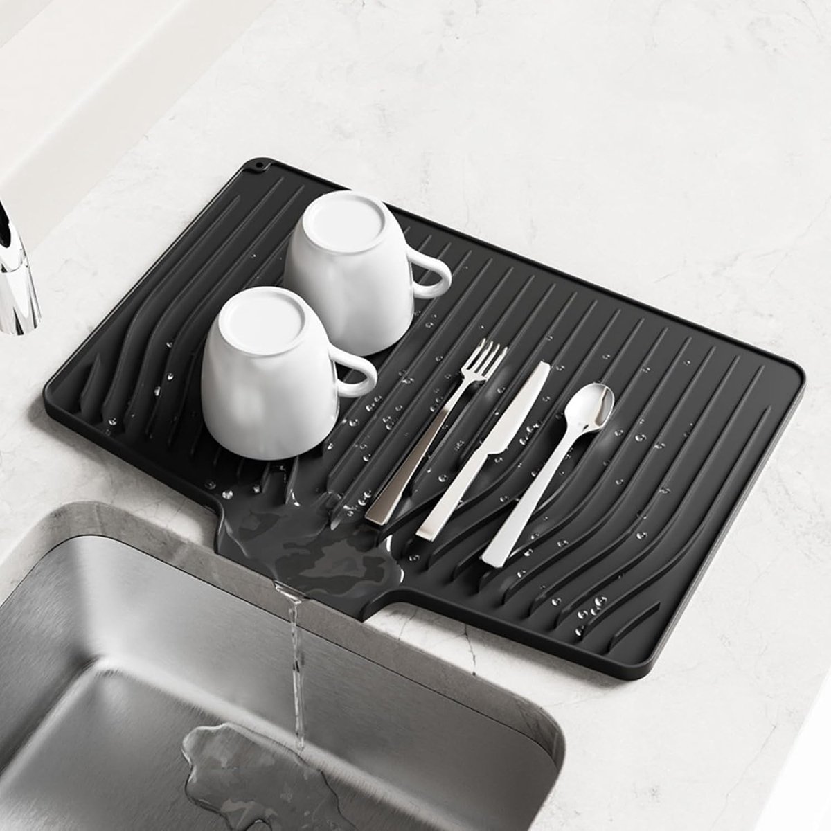 SnelShoppen - Drainer Mat 48 x 35 cm, BPA Vrij, Antislip Siliconen Mat met Sapgoot, Afvoer, Ophanggaatjes, Verhoogde Hellingsgraad, Afvoer voor Keuken