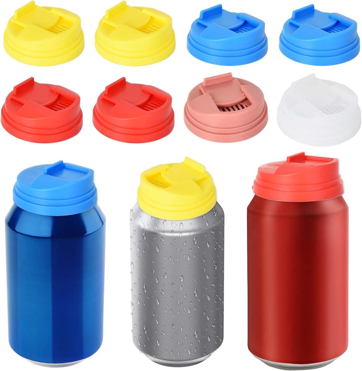 SnelShoppen - Drankblikjes Afdekking 8 Stuks Herbruikbaar Stofdicht Lekvrij voor Blikjes, Geschikt voor Feest, Camping, Tuin, Keuken - 2 Blauw, 2 Rood