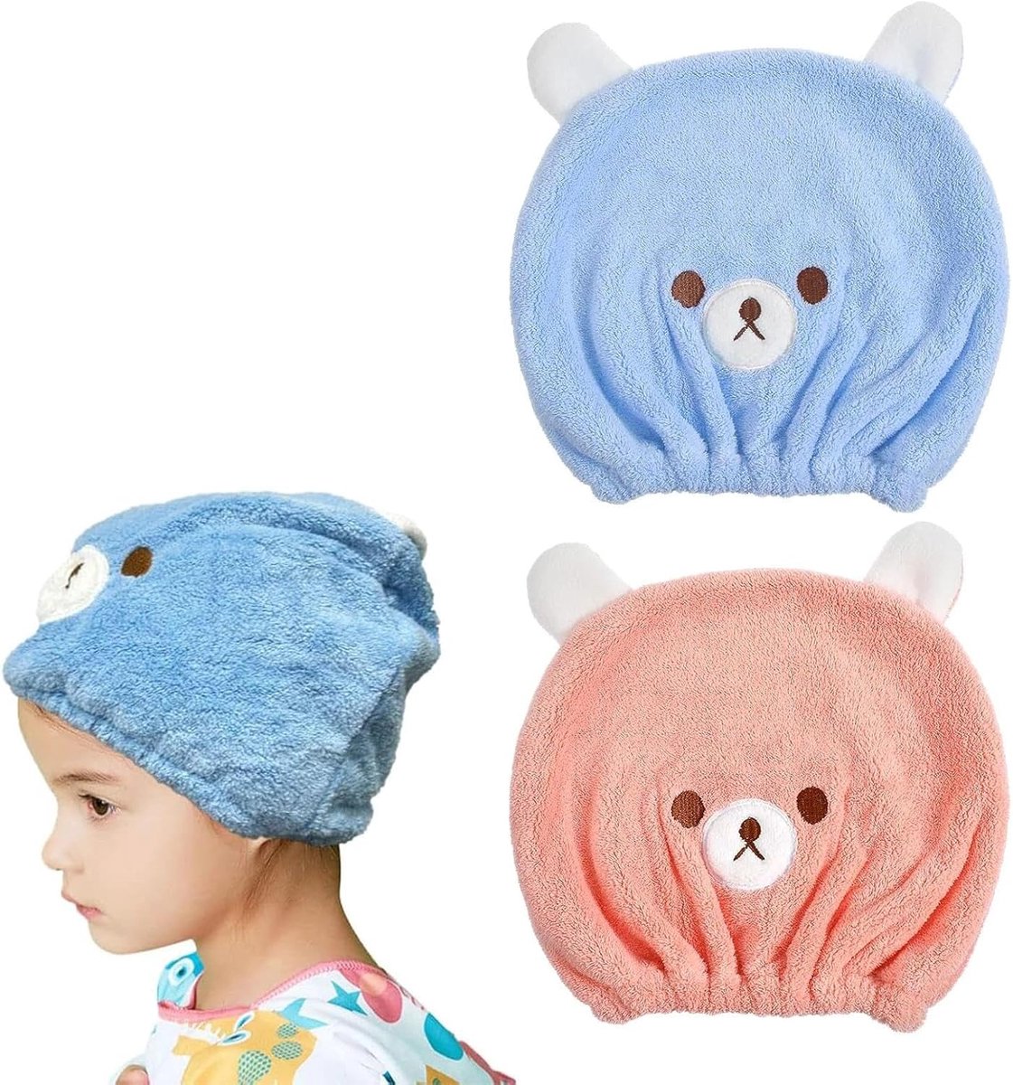 SnelShoppen - 2Pcs Absorberende Haardrogende Wrap Handdoek, Schattige Cartoon Konijn Coral Velours Hoofddoek voor Kinderen, Droogturban voor Nat Haar,