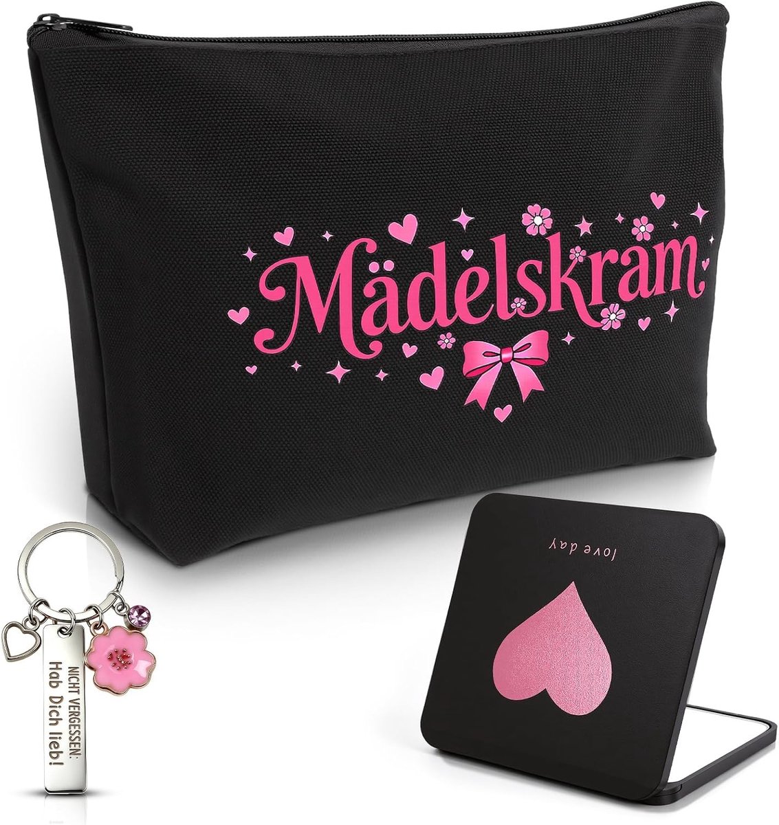 SnelShoppen - Make-uptas Set Katoenen Canvas Met Ritssluiting, Reismake-uptas Multifunctionele Opbergtas met Spiegel en Sleutelhanger, Cadeau voor Vro