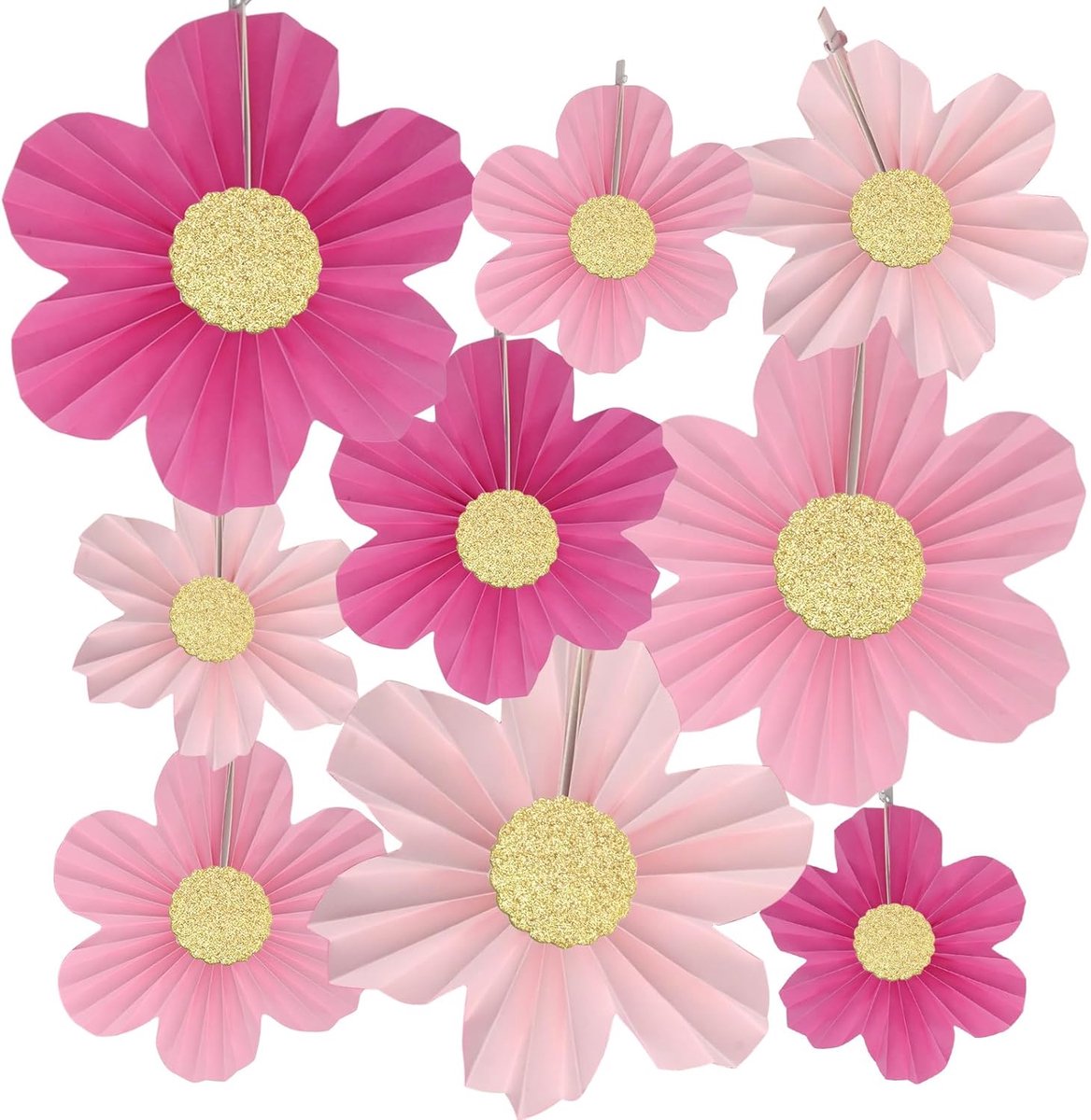 SnelShoppen - 9-delige Roze Papieren Fan Decoratie Set met Hangende Slinger en Papieren Bloemen voor Verjaardag, Bruiloft, Theeparty Decoratie