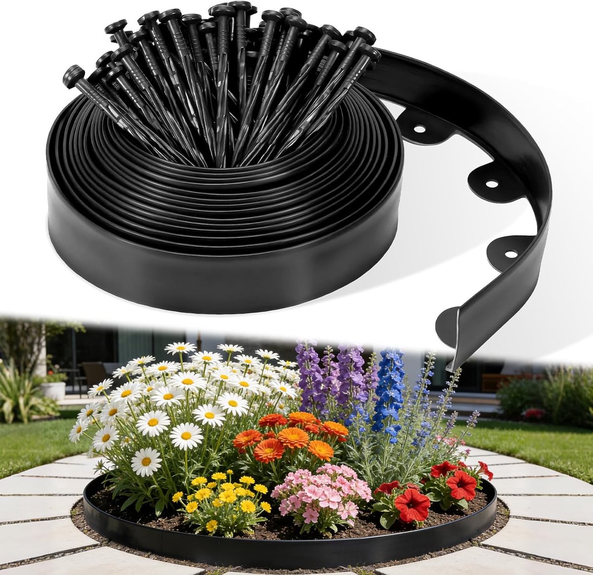 SnelShoppen - Tuinrand met Grondpennen, 10m x 5cm, Flexibele Tuinafscheiding, Hoogwaardige Kunststof, Ideaal voor Tuin, Bloembedden en Paden