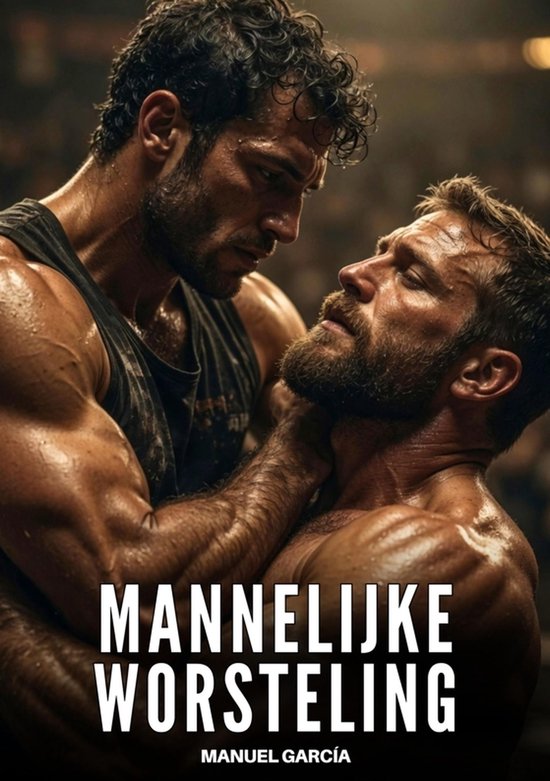 Twee gespierde mannen in worsteling, de tekst "MANNELIJKJE WORSTELING" staat onderaan.