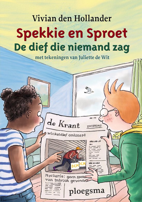 Boek 'Spekkie en Sproet: De dief die niemand zag' met illustratie van twee kinderen die een krant lezen.