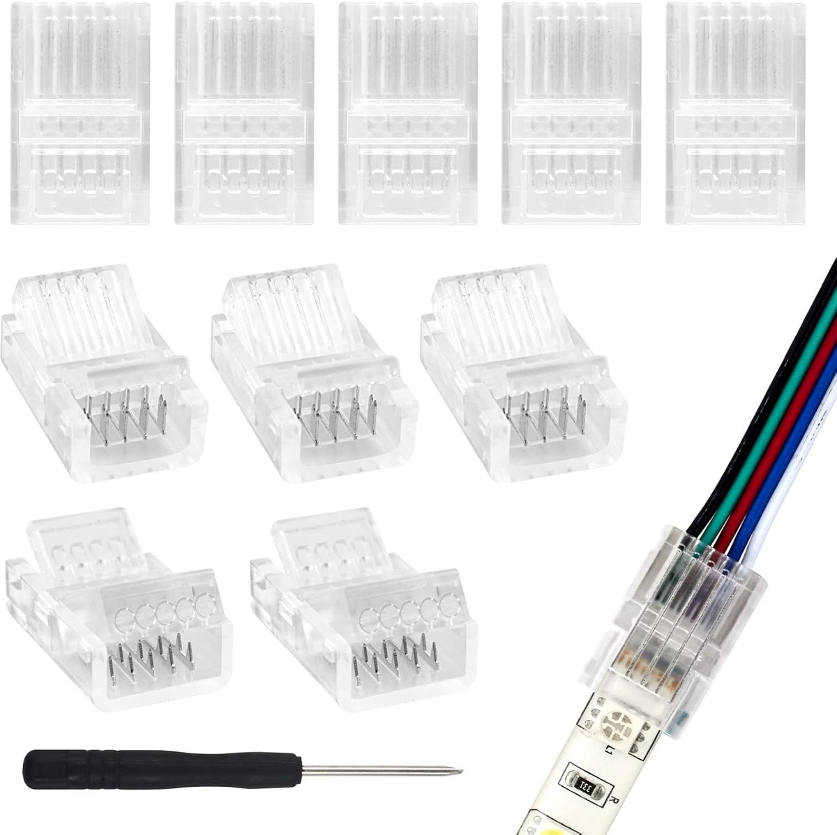 LED strip connectors 5-polig 10mm - voor SMD 5050/3528 RGBW strips - eenvoudig aan te sluiten - zonder solderen - ShopVlot
