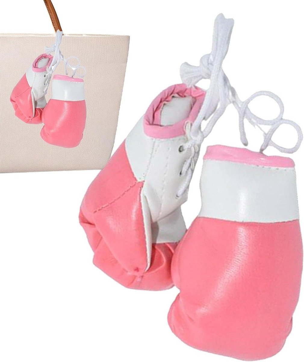 Mini Bokshandschoenen - Autohanger Bokshandschoenen - Auto Decoratie - Realistisch Uiterlijk - 10x6cm - Roze en Wit
