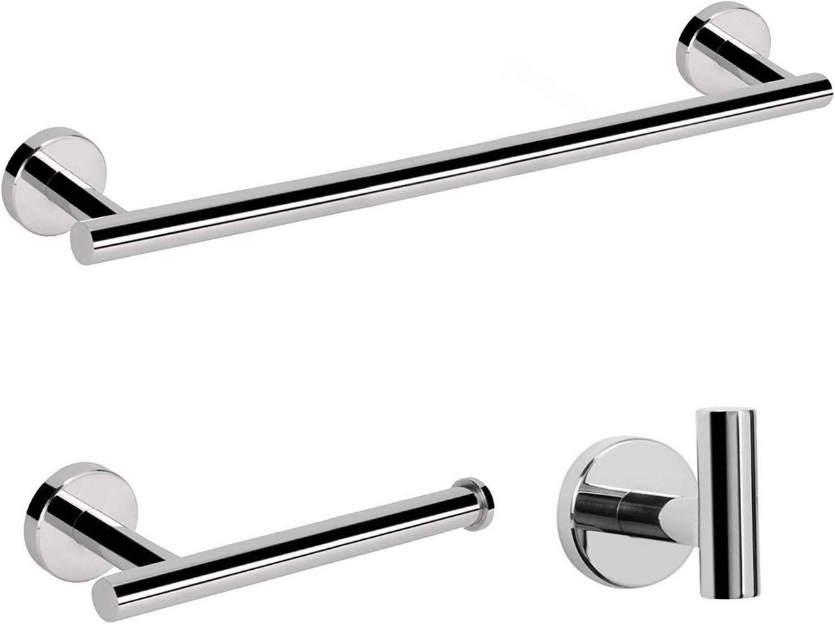 SnelShoppen - Handdoekrek Set 3 Stuks Badkamer Accessoires Set RVS 304, Handdoekrails, Toiletpapier Houder, Handdoekhaak, Wandmontage, Chroom