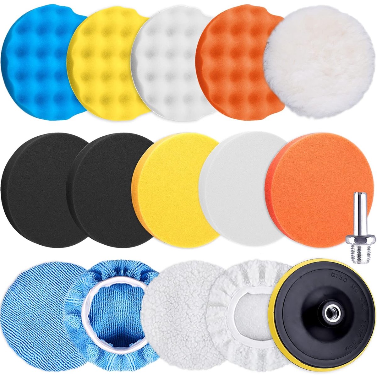 Polijstpads set 16-delig - 150mm spons en wol - Voor boormachine - Perfect voor auto-onderhoud - ShopVlot