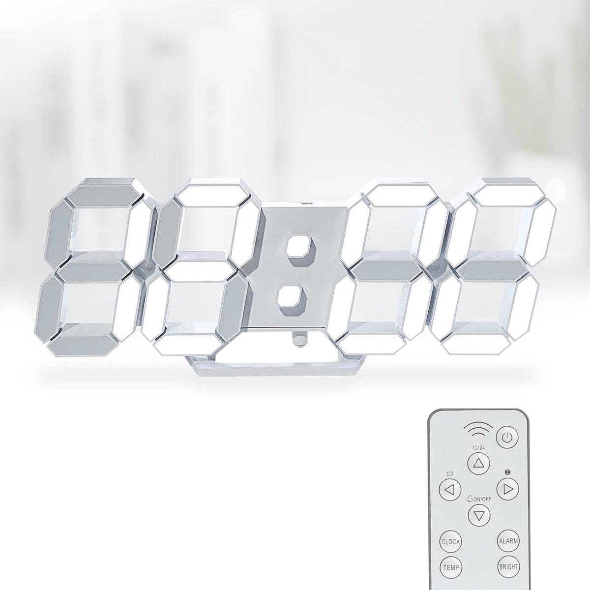 SnelShoppen - Digitale Klok 3D LED Wandklok 9.7 Inch - Grote Display Tafelklok met Afstandsbediening - 12/24 Uur Temperatuur - Witte Verlichting voor