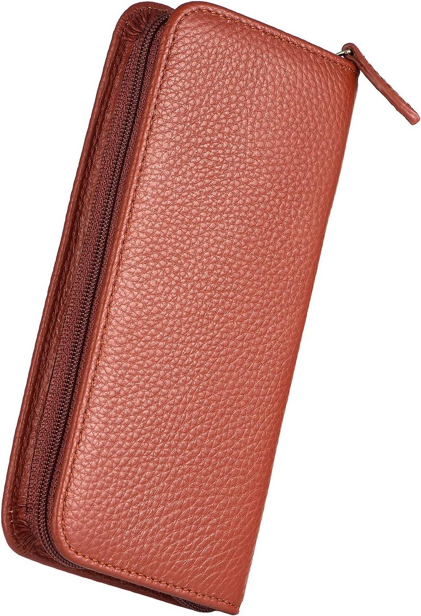 SnelShoppen - Leren Pennen Etui Set met 3 Compartimenten, Bruin Leer, Modern en Stijlvol voor Kantoor en School