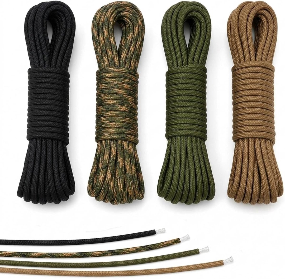 4 Paracord koorden van 16 meter, 4 mm nylon touw met 7 kernstrengen in 4 kleuren, ideaal voor survival en knutselen