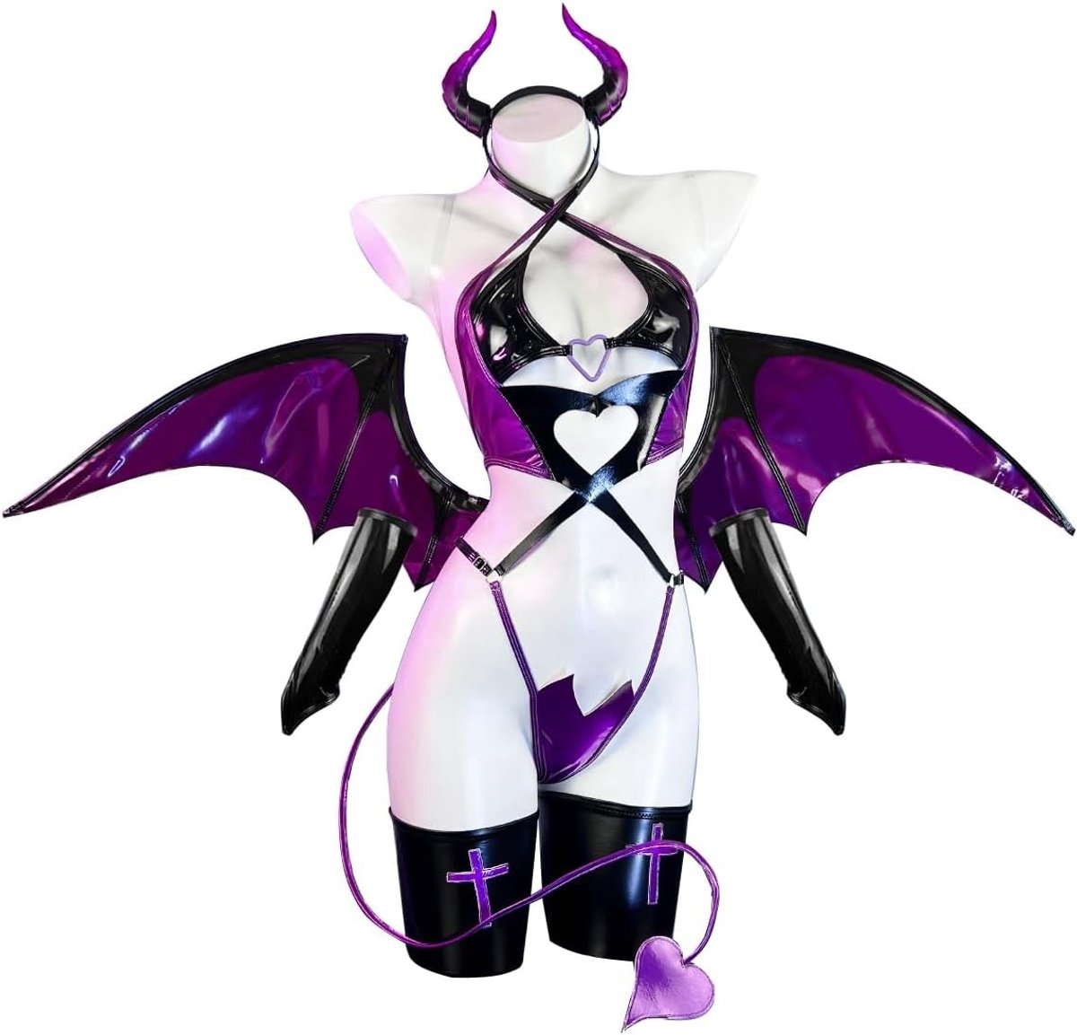Succubus Cosplay Lingerie Set voor Vrouwen - 6-delig Anime Kostuum met PU Materialen en Sexy Outfit voor Feestjes en Verkleedpartijen