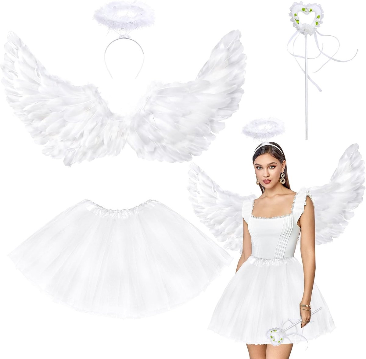 Engelenvleugels en Halo Wandaccessoires voor Kostuums - Tulle Tutu Rok voor Vrouwen en Meisjes voor Halloween, Kerst en Carnaval Feestjes
